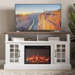 BELLEZE 58" TV Stand with 23" Electric Fireplace, Fireplace TV Console for TV up to 65", Home Entertainment Center with Storage Cabinet and Adjustable Shelves - Astorga (White)