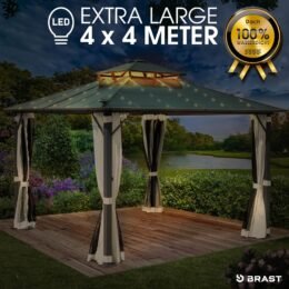 BRAST Alu Pavillon PAGODE 4x4m beige mit Moskitonetz & LED-Beleuchtung