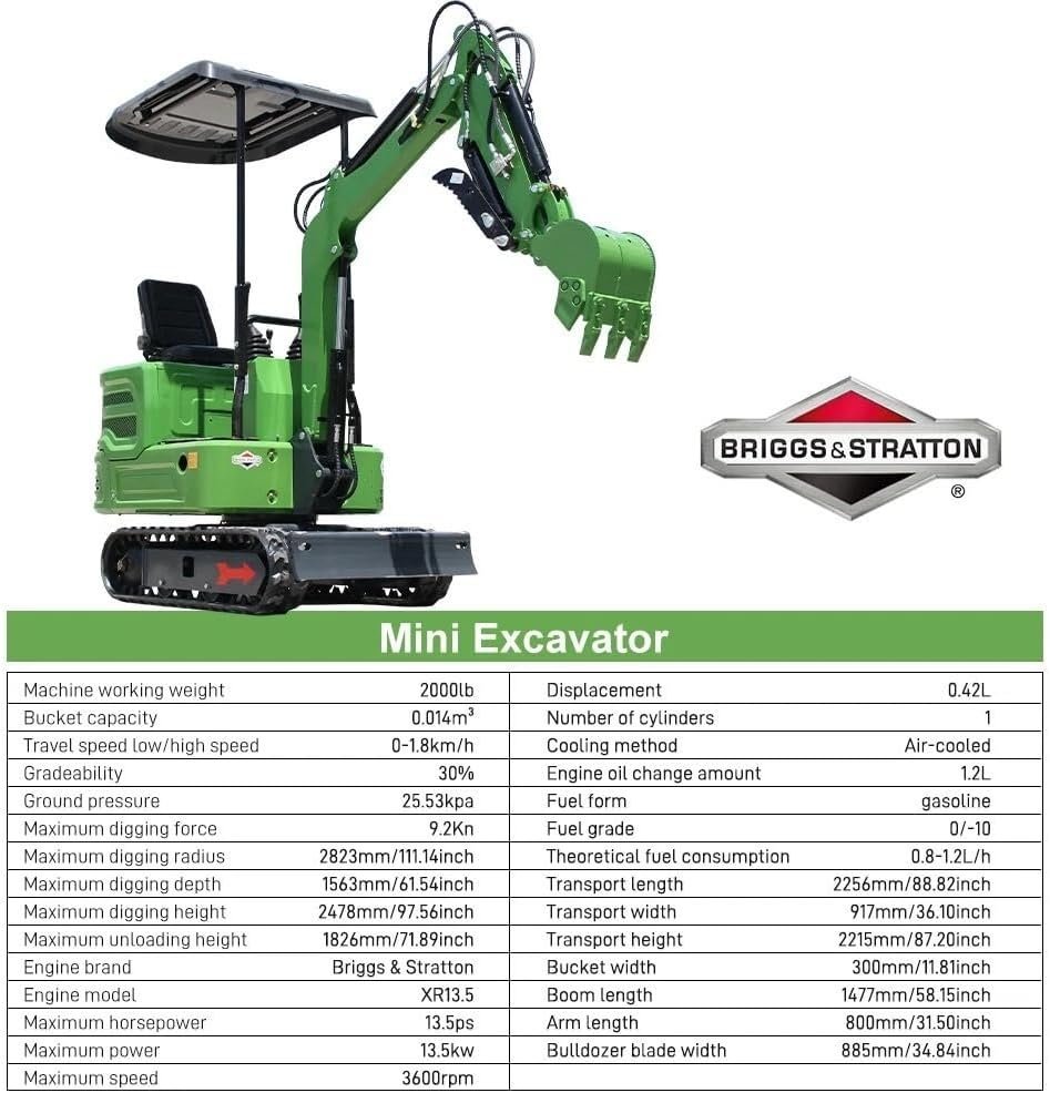 Domestic Gasoline Mini Excavator for Fathers Day, 1.2 Tons Crawler Digger with 13.5 HP B&S Engine, Hydraulic Thumb Clamp and Buckets, Work for Farm,Garden,Park,Construction Landscaping (Green1) - Image 2