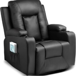 The LUCKRACER relaxation chair features a TV chair with a lounge chair and a footstool, a 360° rotating TV chair for the living room, a rocking chair with a drink rack, and two side pockets in black PU leather