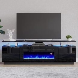 Amerlife Fireplace TV Stand with 36in Fireplace, 70in Modern High Gloss Entertainment Center LED Lights, 2 Tier Console Cabinet for TVs Up to 80in, White