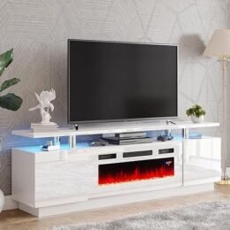 Alternative view of Amerlife Fireplace TV Stand with 36in Fireplace, 70in Modern High Gloss Entertainment Center LED Lights, 2 Tier Console Cabinet for TVs Up to 80in, White