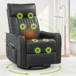 TV armchair with lounge chair, massage chair, relaxation chair with heating and massage, 360° rotating TV armchair, living room, swing chair with soft cushion headrest, 2 side pockets