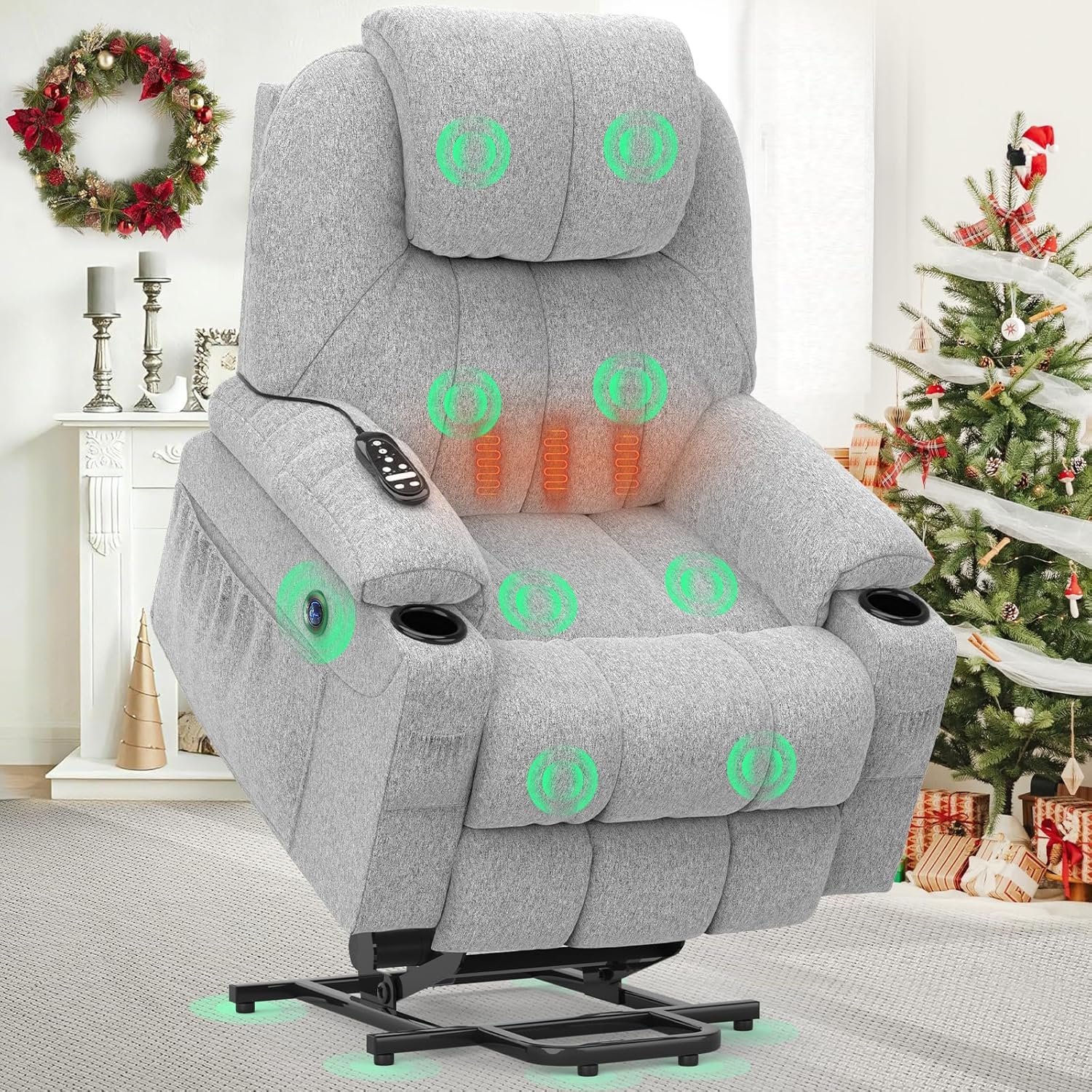 TV armchair is electrically adjustable, an auxiliary massage chair with massage heating function, a high-end armchair, a relaxation chair with feet, 2 side pockets and a drink rack, a USB interface, and is gray
