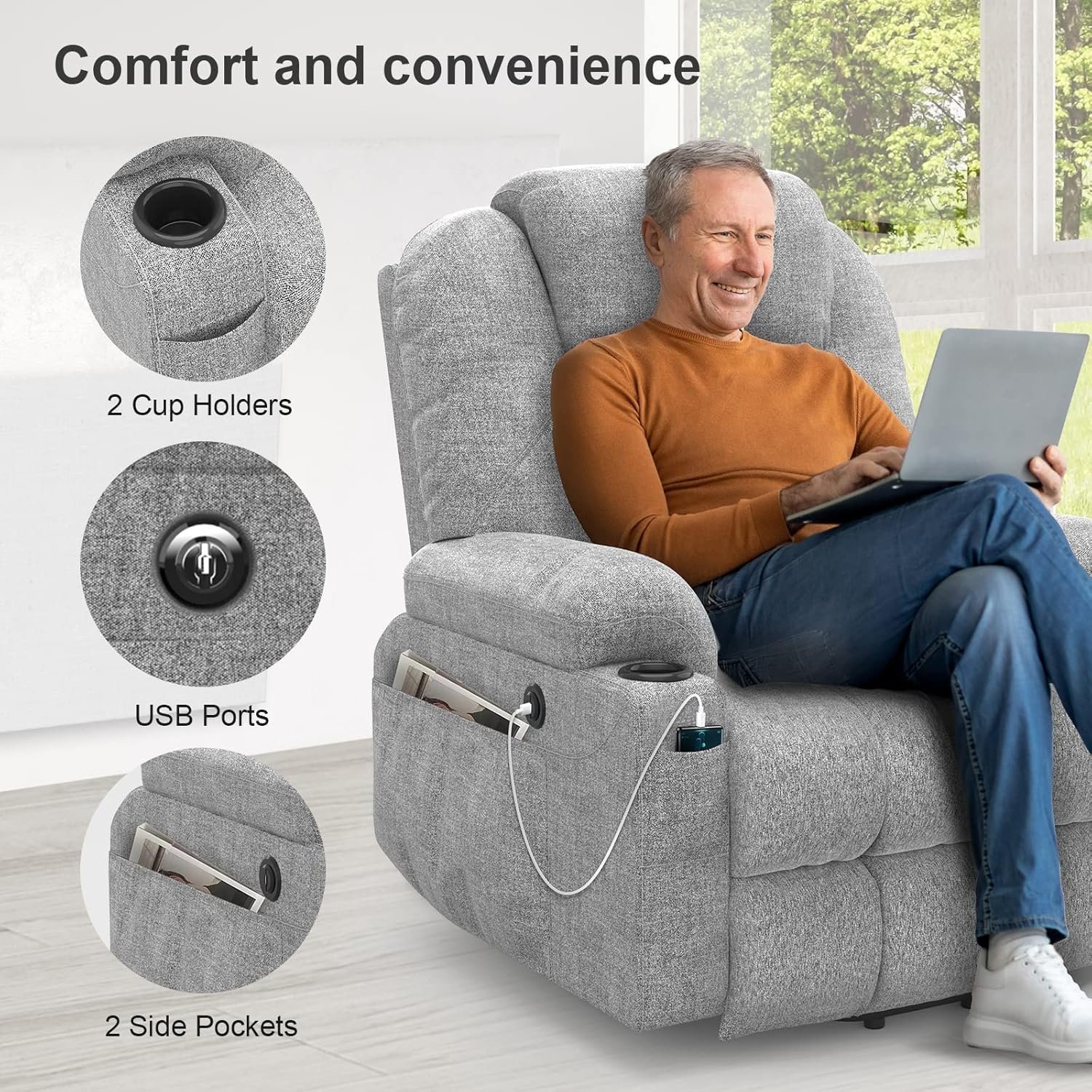 TV armchair is electrically adjustable, an auxiliary massage chair with massage heating function, a high-end armchair, a relaxation chair with feet, 2 side pockets and a drink rack, a USB interface, and is gray - Image 8