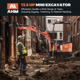 Alternative view of AHM Mini Excavator, 1 Ton Mini Digger with Hammer Auger Log Grapple Quick Hitch Grading Bucket & Rake Included, 13.5 hp Small Crawler Machine with Rain Canopy for Home Garden Farm Park Roadway Digging