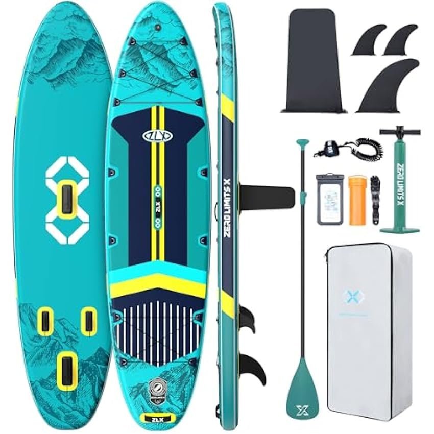 ZLX 11'6" Extra Wide Inflatable Stand Up Paddle Board SUP, Stable Non-Slip Deck Pad, Unique Fin System and Premium iSUP Accessories - Portable Backpack & Upgraded Pump for Adults, All Skill Levels