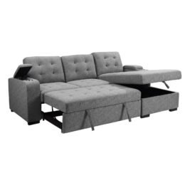 Benjara 120 Inch Sleeper Sectional Sofa Bed with Storage, Modern Tufted Gray Fabric
