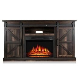 Fireside 48 in. Wooden Electric Fireplace TV Stand in Rustic Brown, with Sliding Barn Door, Entertainment Center