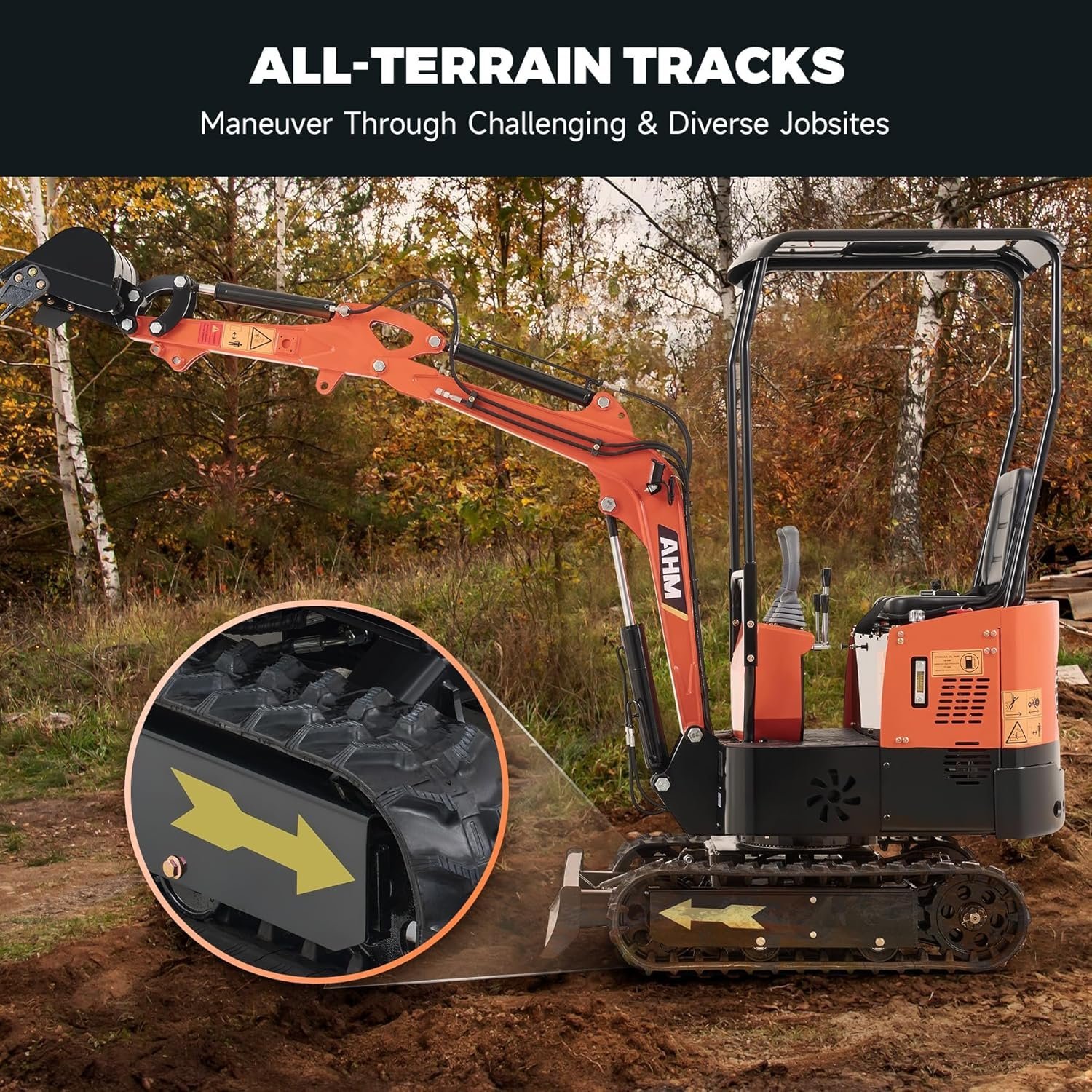 AHM Mini Excavator, 1 Ton Mini Digger with Hammer Auger Log Grapple Quick Hitch Grading Bucket & Rake Included, 13.5 hp Small Crawler Machine with Rain Canopy for Home Garden Farm Park Roadway Digging - Image 4