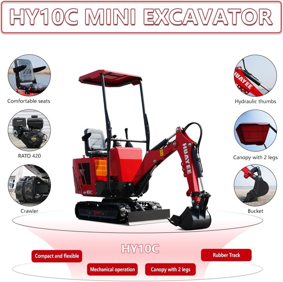 HY10C 1 Ton Mini Excavator, 13.5HP Gasoline Powered Compact Digger with EPA Certificate, Tracked Backhoe for Trenching, Farming, Landscaping, Curbside delivery & Professional unloading Included - Image 4